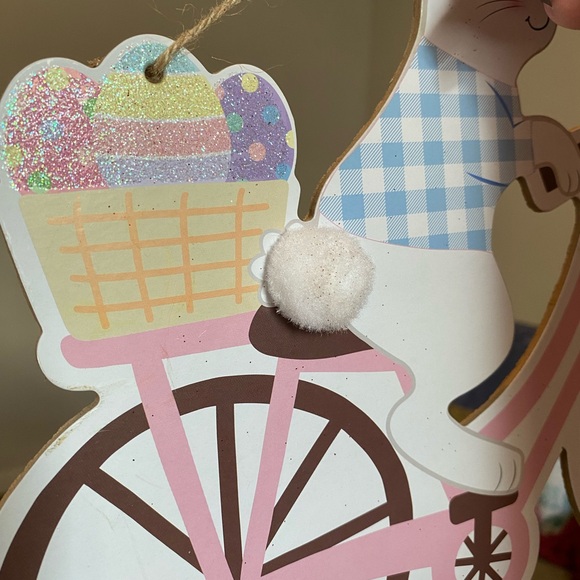 Spring Blue Gingham Easter Bunny Bicycle Happy Easter Decoration Sign - Picture 2 of 5